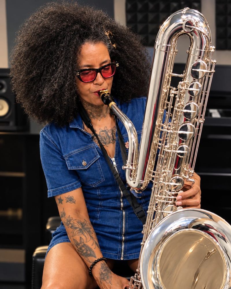 Rosemary Quaye, female bass saxophonist from Cheshire, playing a silver bass saxophone in a recording studio